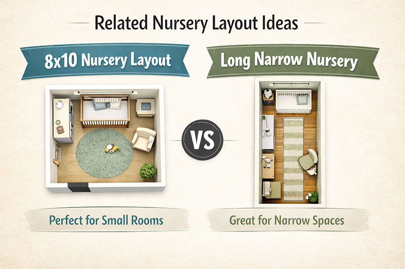 Long narrow nursery layout idea with crib on the long wall and a slim dresser placement