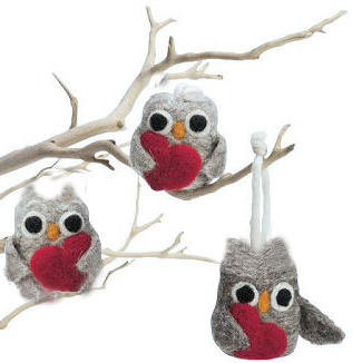 Felted owl ornaments on a DIY homemade tree branch baby crib mobile