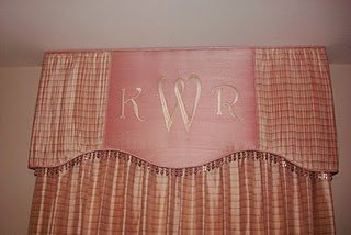 Pink nursery curtains with a valance personalized with baby's monogram