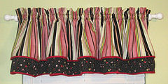 baby girl custom nursery window valance curtains in pink green black brown antique white cream stripes polka dots