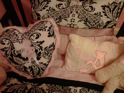 White, pink and back damask print baby bedding set for our little princess, Abigail Grace.