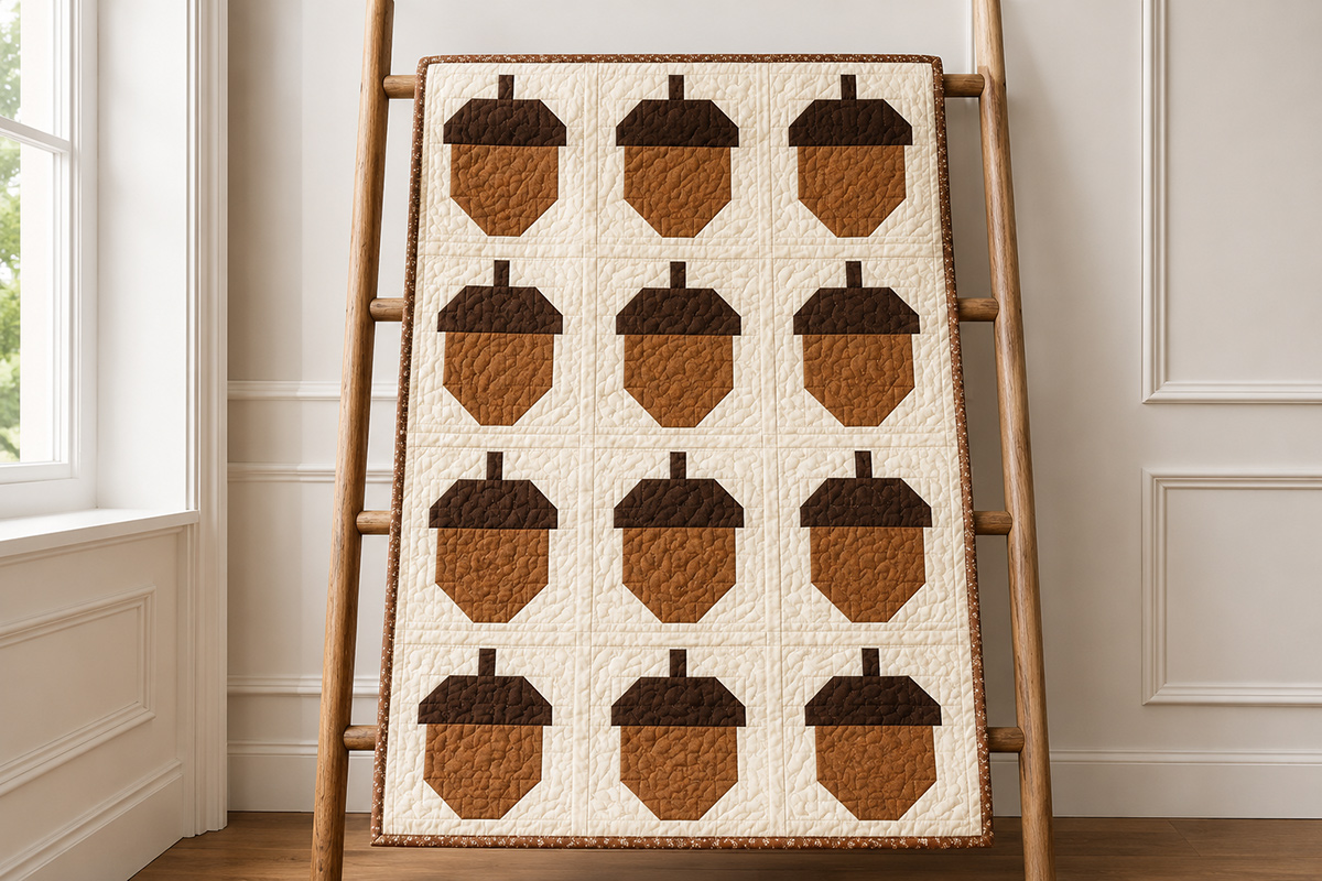 Handmade quilt with twelve 12 inch pieced patchwork acorn blocks arranged in a 3 by 4 grid with brown acorn bodies, dark caps and stems
