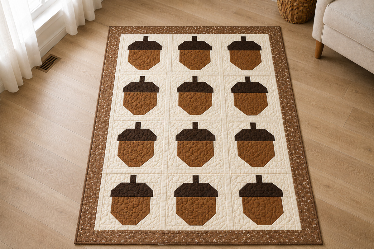 Finished fall quilt made with twelve pieced acorn quilt blocks arranged in a 3 by 4 layout with sashing and an outer border