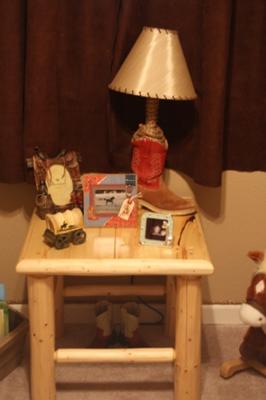 NIGHTSTAND AND HOMEADE WESTERN LAMP THAT WE MADE FROM AN OLD BOOT