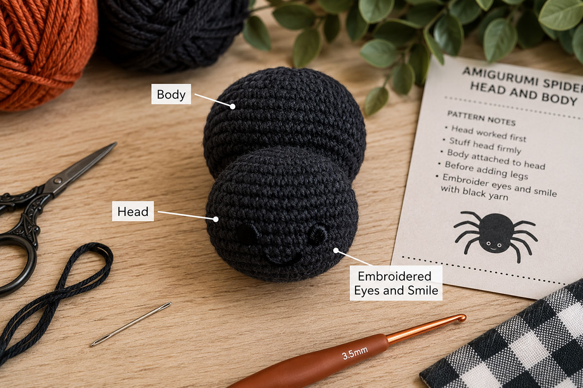 Crocheted spider head and rounded body shown before the eight legs and embroidered facial features are added