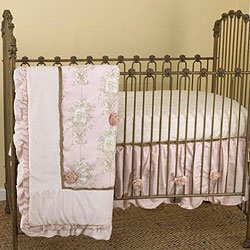 pink and brown toile angel baby crib bedding set