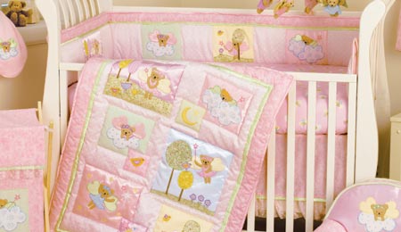 angel theme themed halo heavenly heaven print teddy bear closeout discontinued baby crib bedding set fairy wand angel baby bedding crib set clouds fairy moon stars pastel pink ballerina tutu