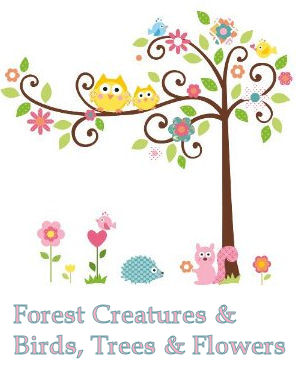 Forest animals, owls and flowers and tree baby nursery wall decals and stickers