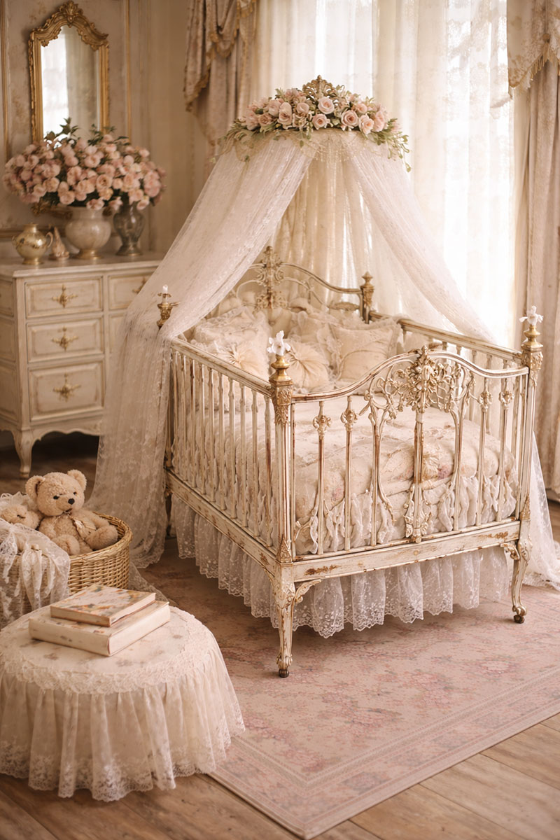 Antique baby bed styled as a decorative display piece in a vintage nursery