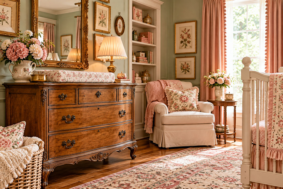 Antique wood dresser in a vintage baby girl nursery with framed artwork dusty rose accents sage details and classic nursery furniture