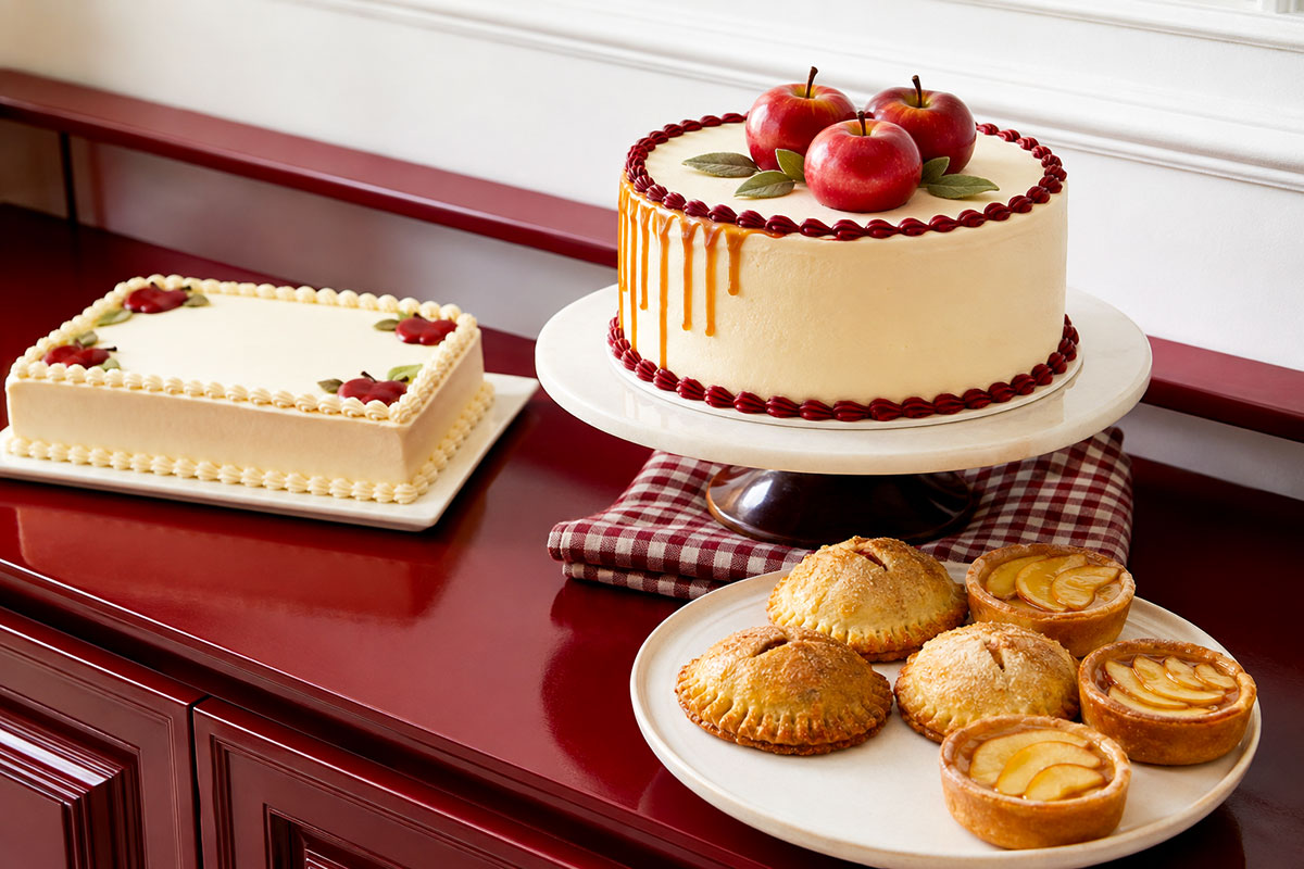 Apple baby shower cakes with red and green apples, ivory buttercream, autumn leaves and orchard-inspired details