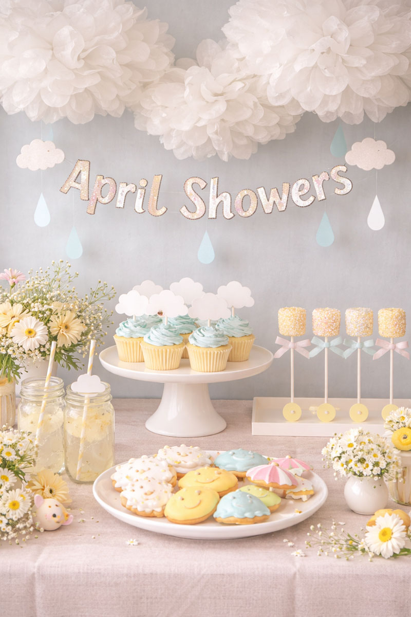 April showers baby shower dessert table with pastel clouds, raindrop decorations, cupcakes, and spring themed treats