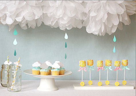 Gender neutral April showers baby shower theme decorations with homemade tissue paper cloud and rain drops mobile printable umbrella cutouts for games and advice and rattle cake pops in blue and yellow in a decorated stand
