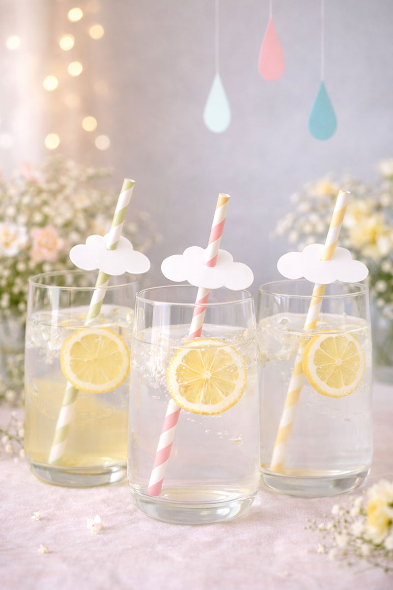 April showers baby shower beverage table with cloud straw toppers and pastel drinks