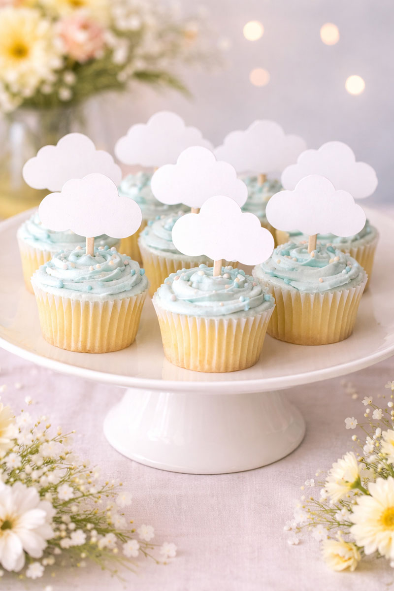 April showers baby shower cupcakes with cloud toppers and pastel blue raindrop accents
