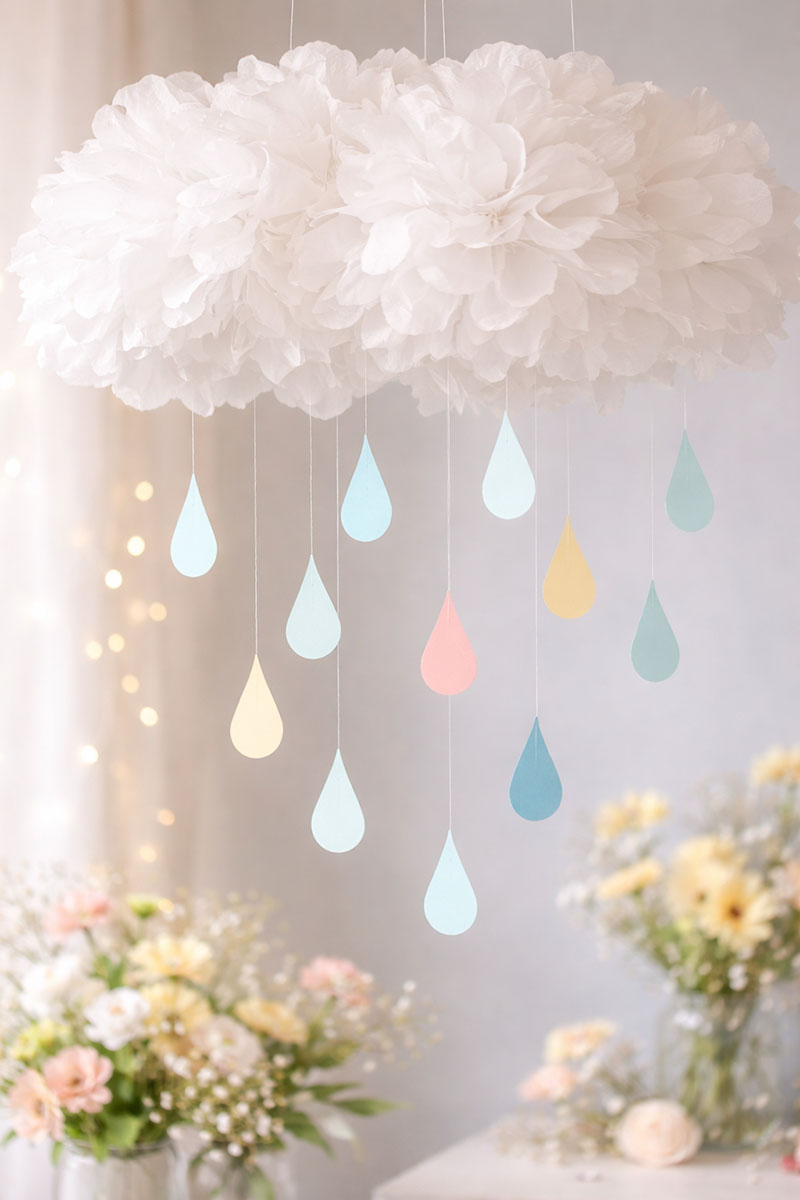 April showers themed tissue paper cloud baby mobile with pastel raindrop cutouts