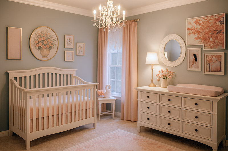 Soft aqua and pink baby girl nursery with a white crib and dresser
