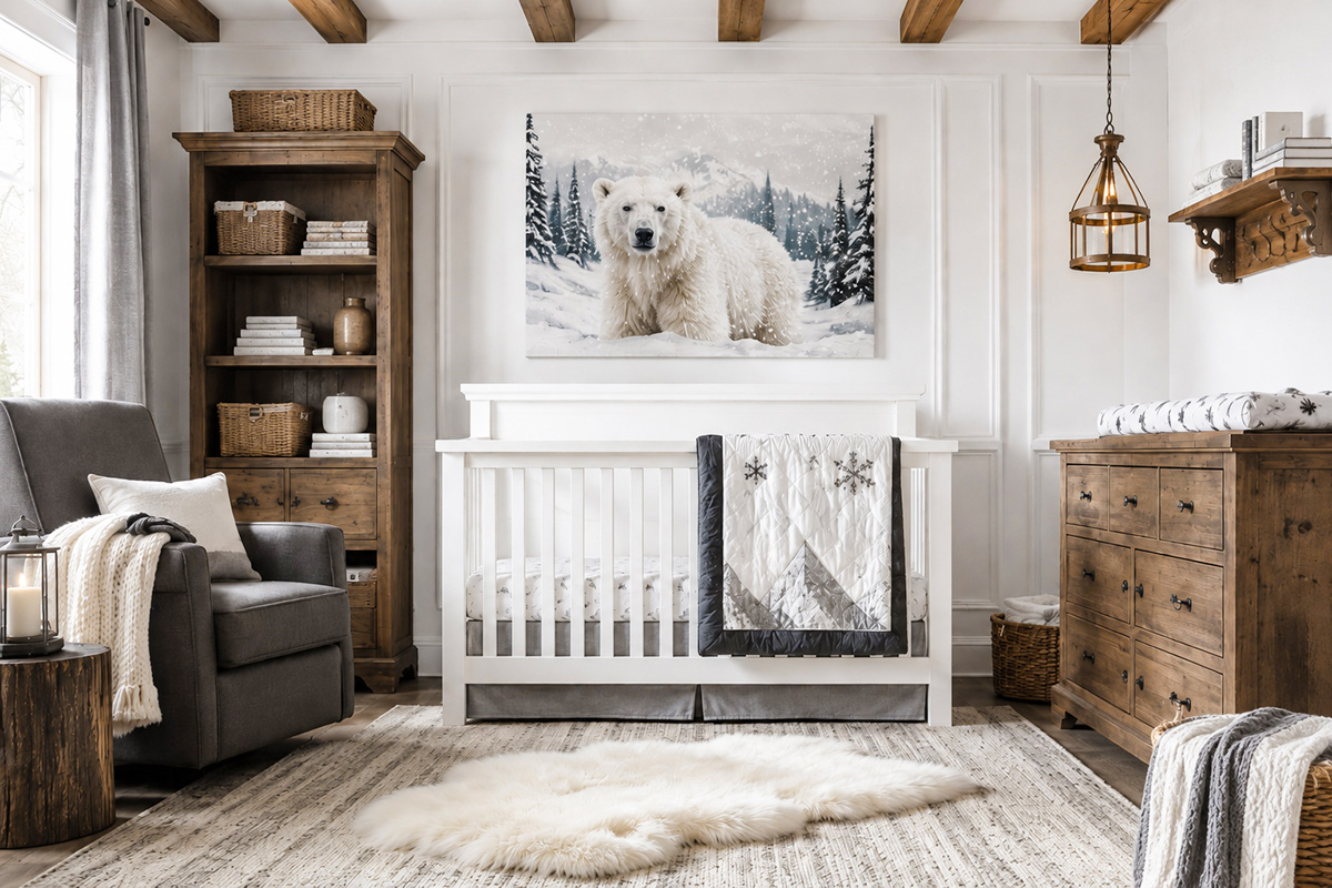 Gender neutral Arctic nursery with polar bear wall art snowy colors winter animal decor and natural wood nursery furniture