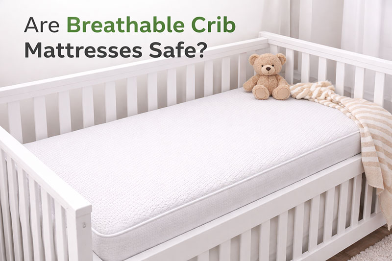 Firm breathable crib mattress fitted tightly inside a standard baby crib with flat surface and no gaps