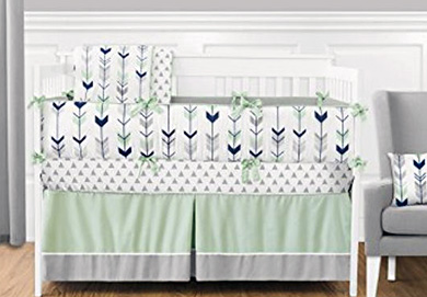 Mint green, navy blue and white arrow baby crib bedding set for a boy