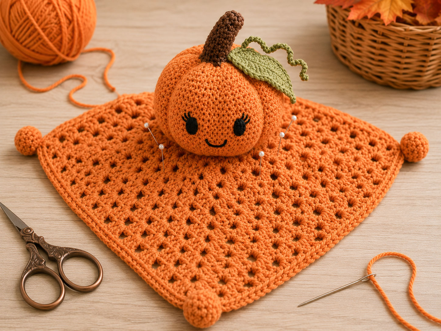 Crochet pumpkin head centered and pinned to an orange granny-square lovey blanket for secure assembly
