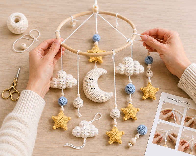Attaching crochet moon, stars and clouds to a wooden mobile ring