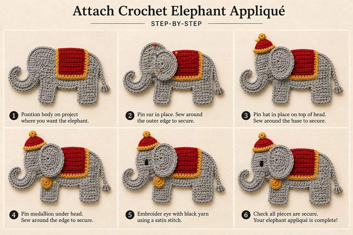 Back and front views showing how a crochet elephant applique is stitched securely to a handmade baby blanket