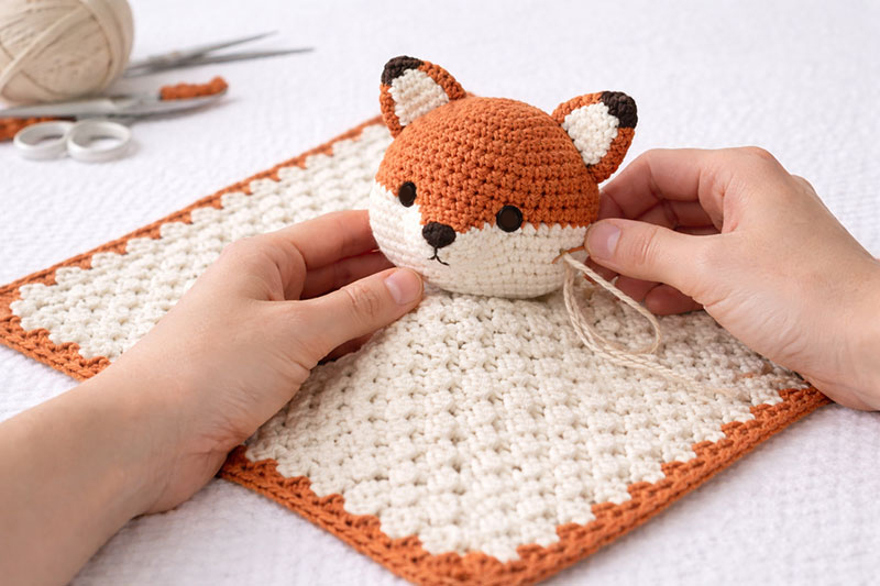Attaching crochet fox head securely to center of lovey blanket using yarn needle