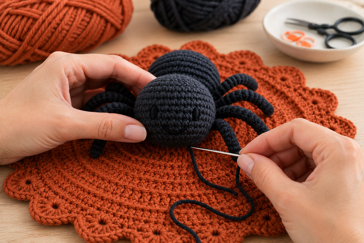 Crochet spider being sewn securely to the center of a round lovey blanket with small reinforced stitches