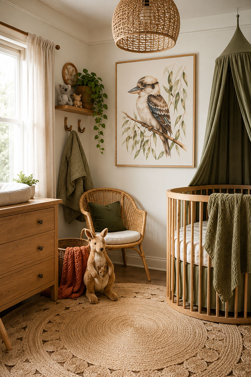 Australia nursery theme with koala bear nursery decor and Australian animal accents