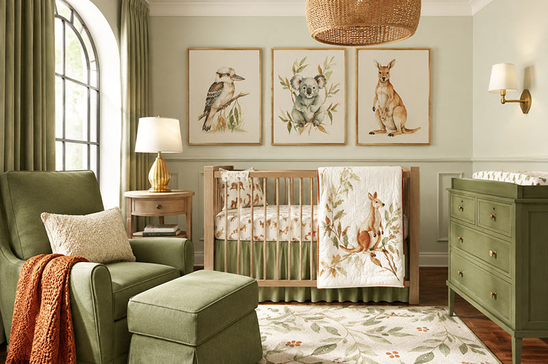Australia nursery theme with koala kangaroo and Australian animal wall art in a luxury baby room