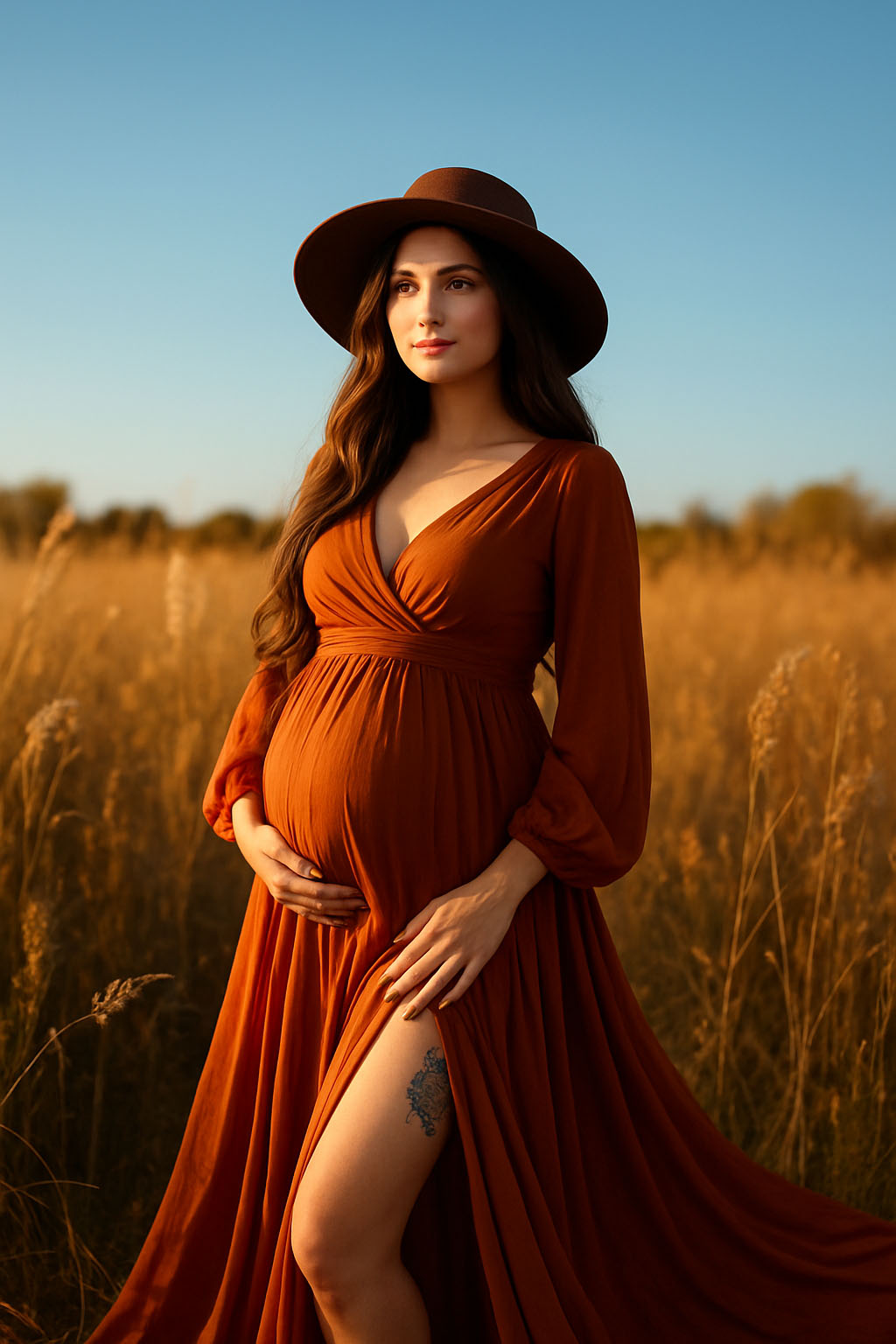 Autumn maternity photoshoot ideas for fall in a rust dress with leg tattoo slit in a field 