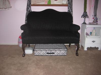Our Craigslist settee that mom reupholstered for Ava's Parisian pink and black nursery
