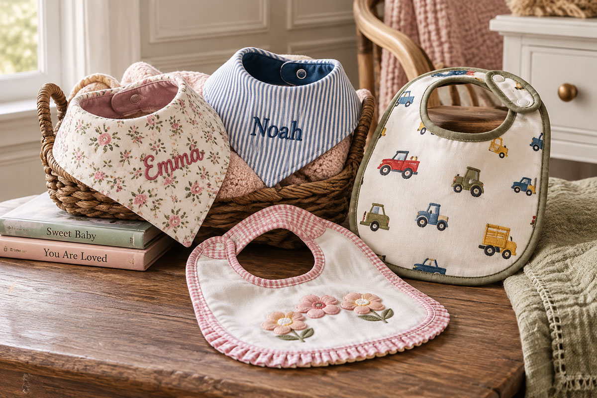 Finished sewn baby bibs including a personalized bandana bib and a larger traditional fabric bib
