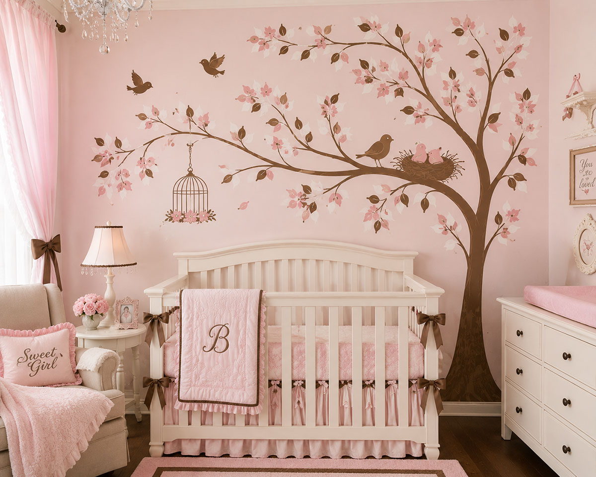 Ideas for a baby bird nursery wall design with tree and owls