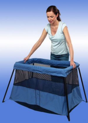 Lightweight folding portable Baby Bjorn Travel Light Lite Baby Crib in blue for camping or family vacations