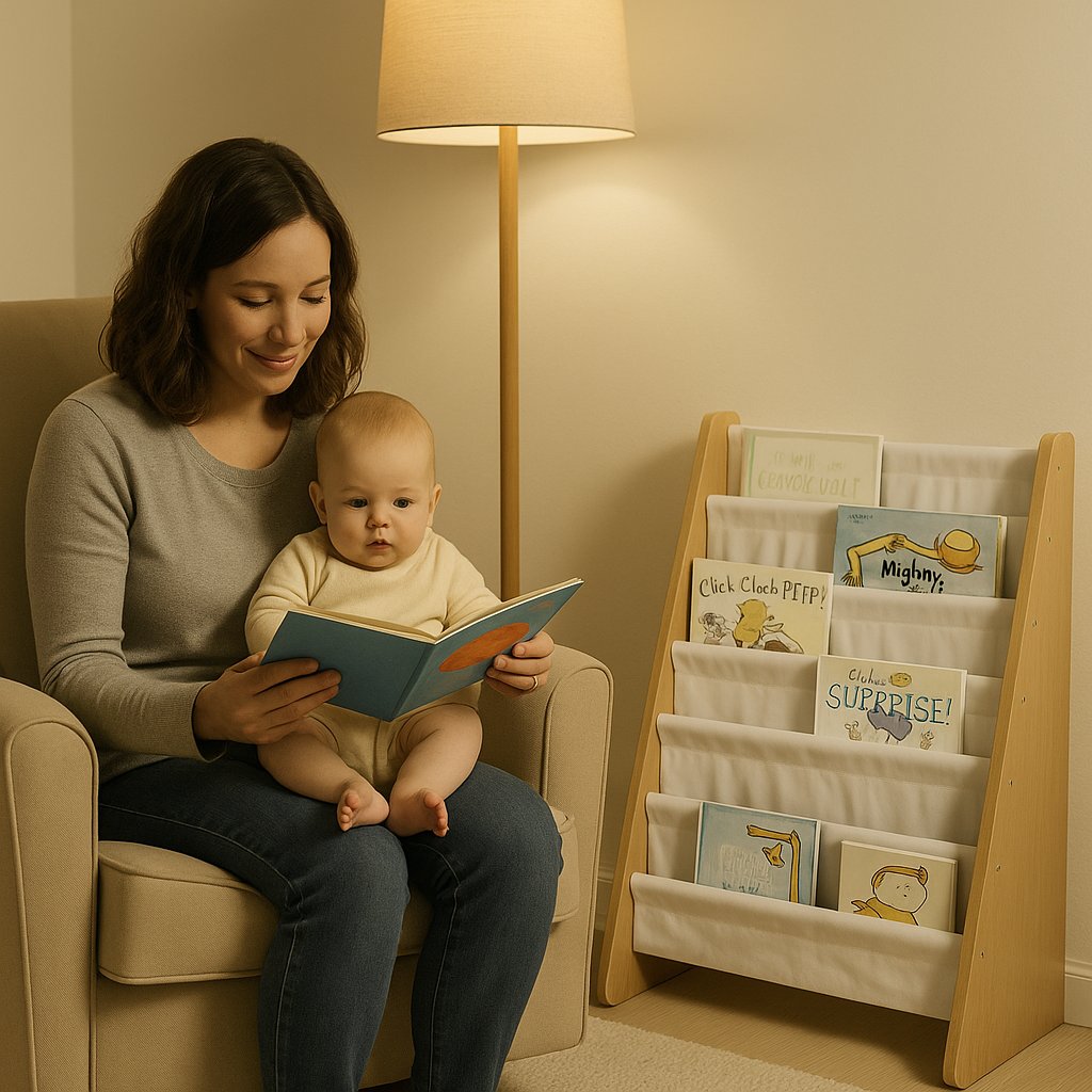 Mother reading to her baby beside a cozy nursery book rack filled with colorful board books under the soft glow of a floor lamp
