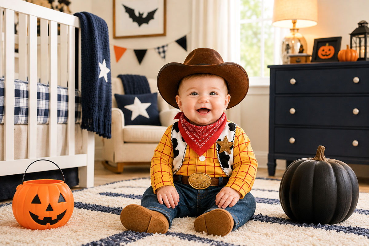 Baby boy wearing a cowboy Halloween costume with a hat, bandana and western-style outfit