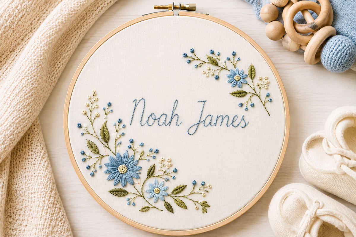 Finished baby boy name hand embroidery example with Noah James stitched in a round hoop with sage leaves and small muted blue flowers