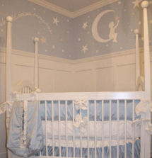 Baby boy nursery wall painting ideas with moon and stars quote in blue and white
