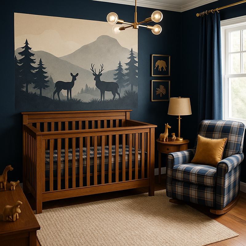 Navy baby boy woodland deer forest nursery with plaid glider chair, warm wood furniture, and soft daylight