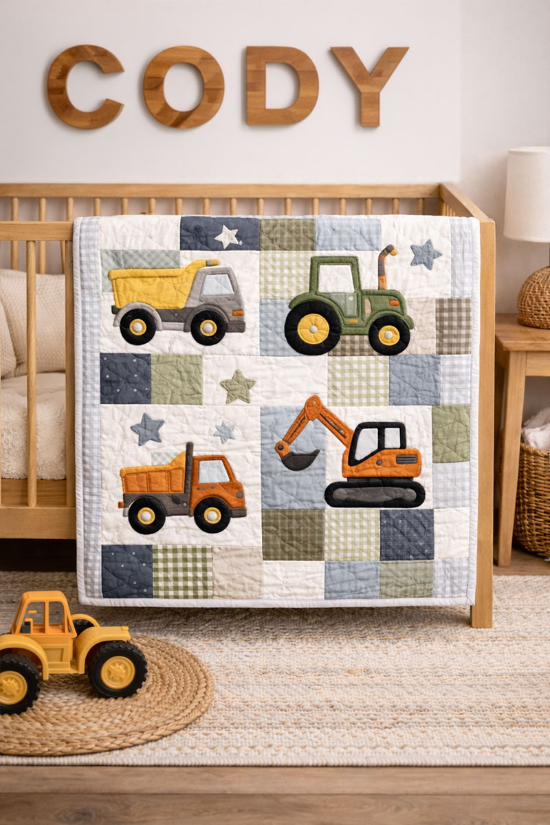 Modern baby boy crib quilt with construction trucks tractors patchwork pattern