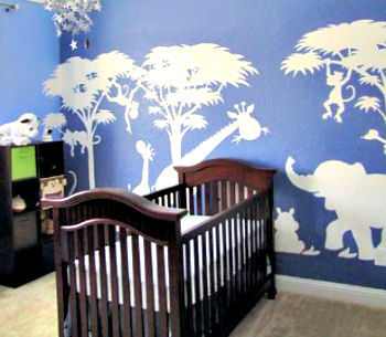 Large painted safari nursery wall mural in baby blue