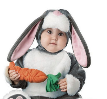 Infant baby bunny costume for Easter or Halloween trick or treat with carrot and floppy ears