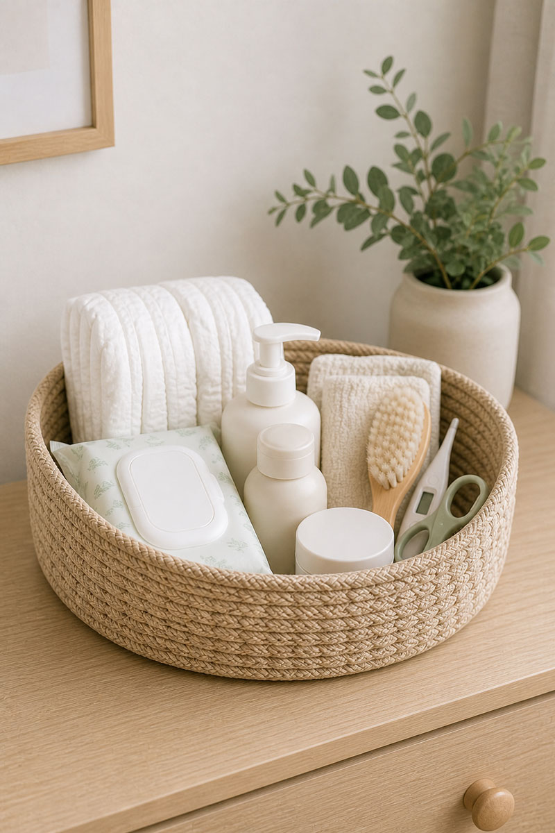 Small basket with baby care essentials including thermometer brush and nail clippers