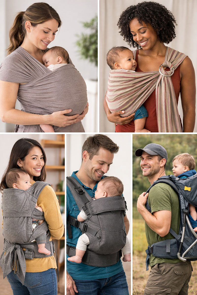 Comparison image showing different baby carrier styles including wraps, slings, and structured carriers