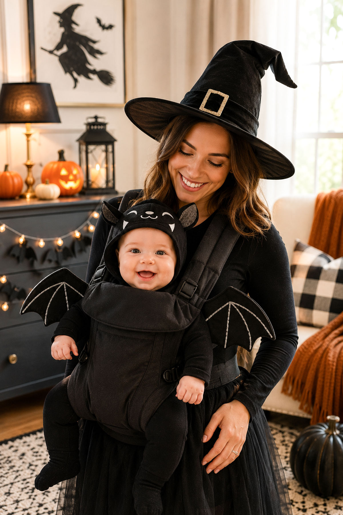 Parent wearing a baby carrier incorporated into a simple coordinated Halloween costume with baby
