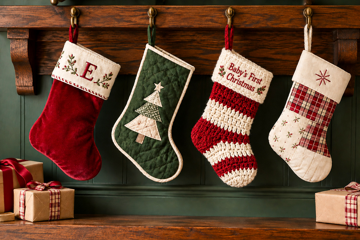 Four baby Christmas stocking ideas including personalized red velvet stocking green quilted Christmas tree stocking striped red and white crochet stocking and patchwork stocking hanging from a wooden mantel
