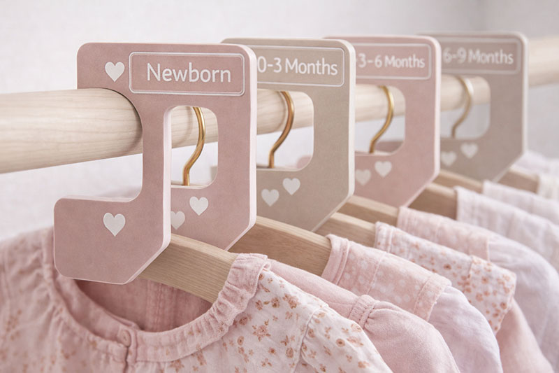 Nursery closet dividers for sorting baby clothes by size inside a small closet