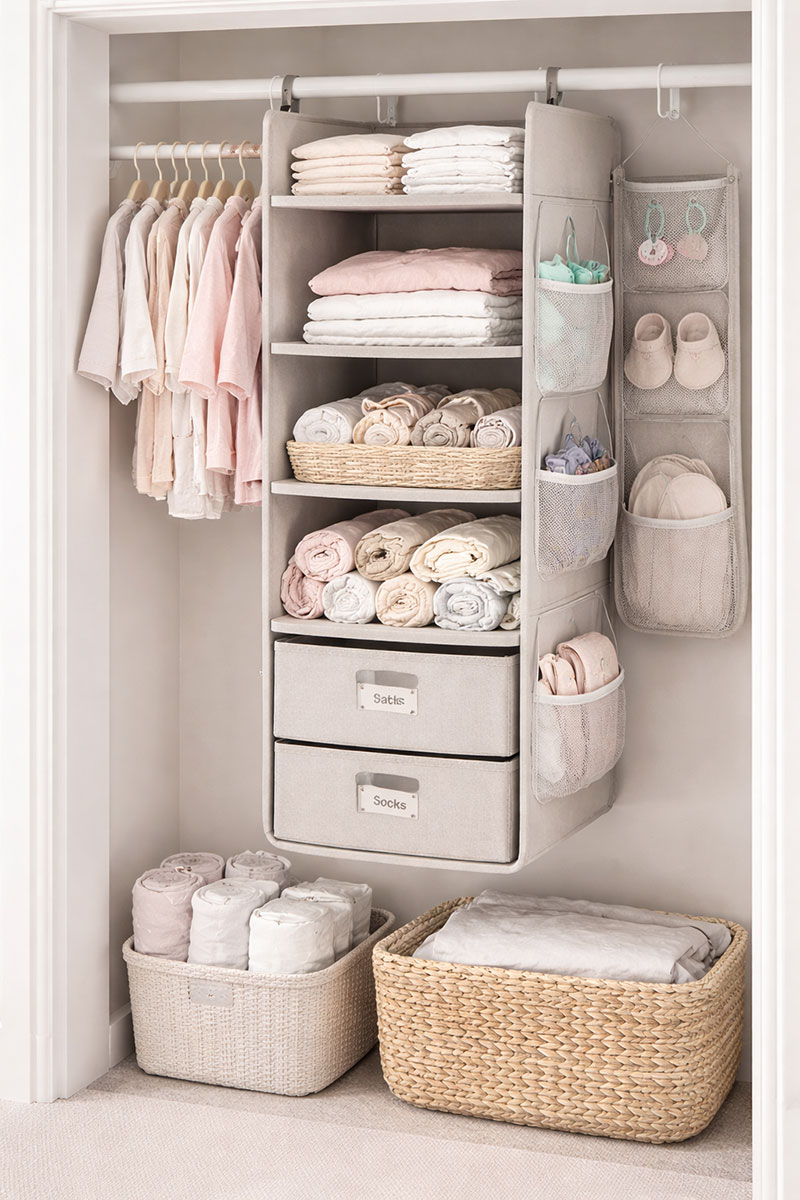 Hanging shelf nursery closet organizer creating vertical storage in a small baby closet